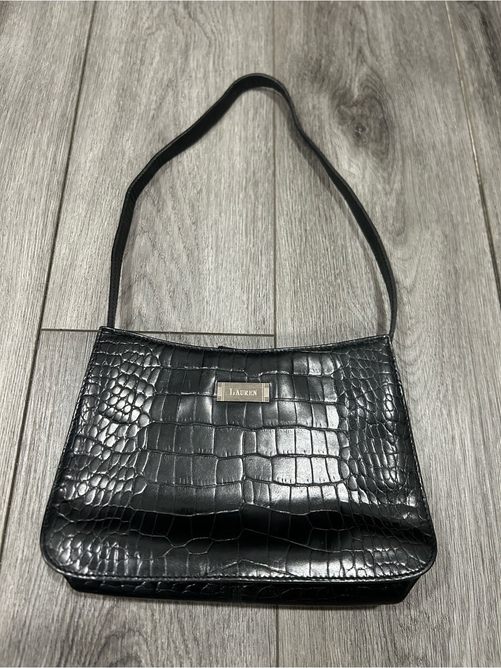 Black Croc-Embossed Shoulder Bag